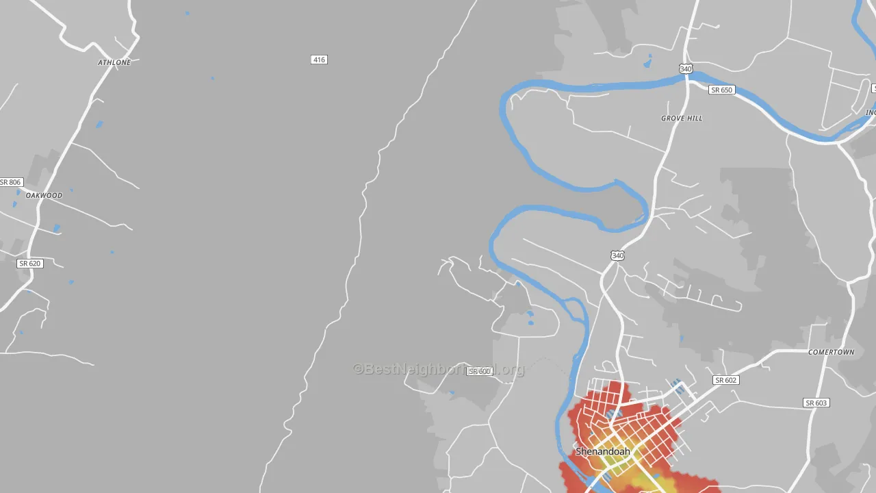 Walk Grade map of Grove Hill, VA, walkable areas in green and car-dependent areas in red