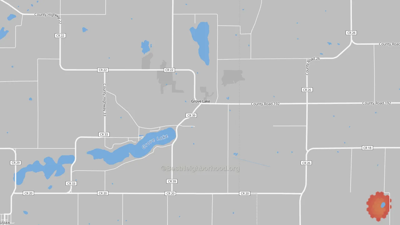 Walk Grade map of Grove Lake, MN, walkable areas in green and car-dependent areas in red