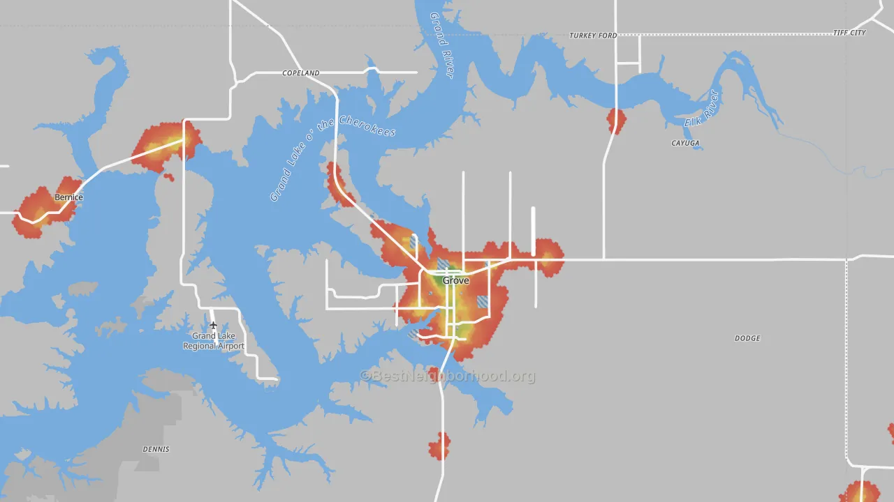 Walk Grade map of Grove, OK, walkable areas in green and car-dependent areas in red