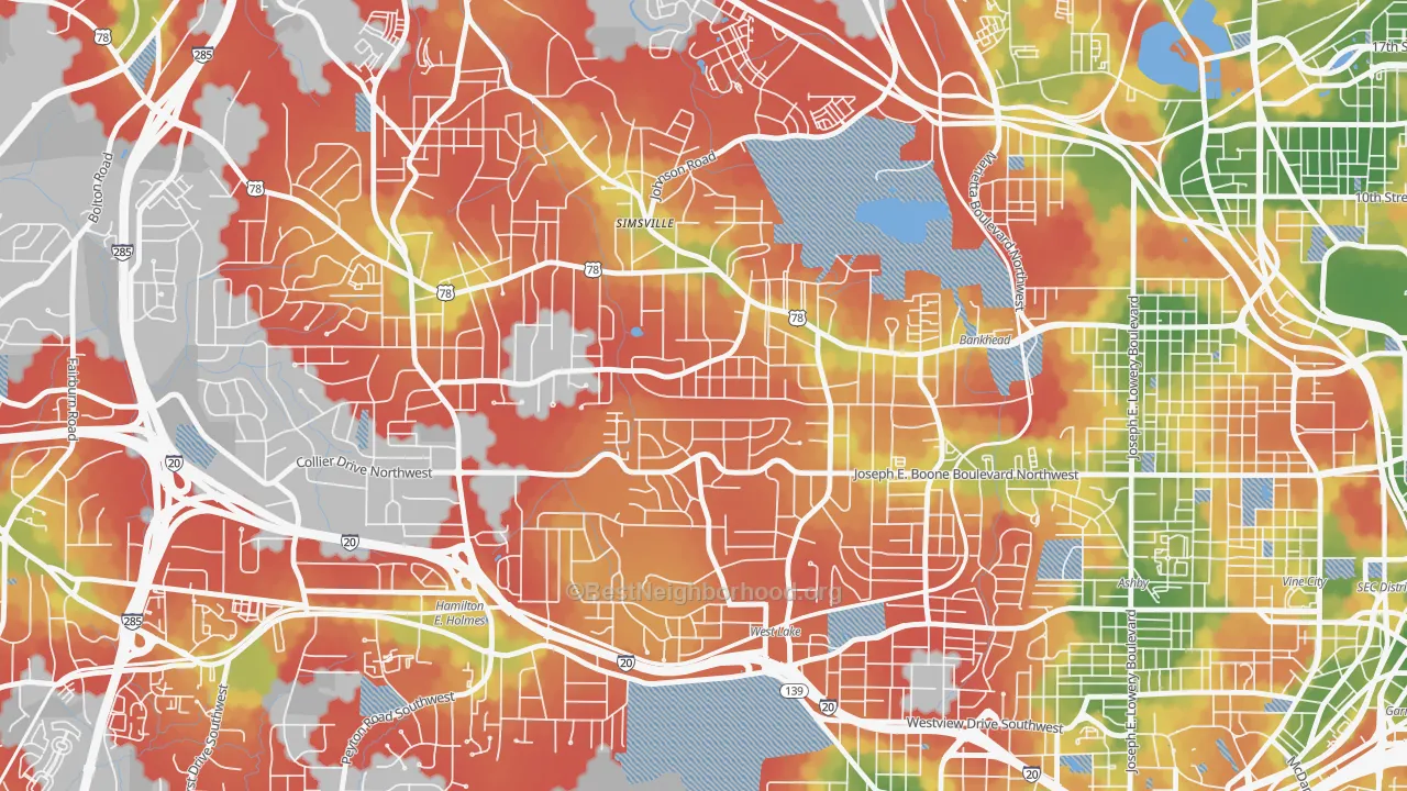 Walk Grade map of Grove Park, Atlanta, GA, walkable areas in green and car-dependent areas in red