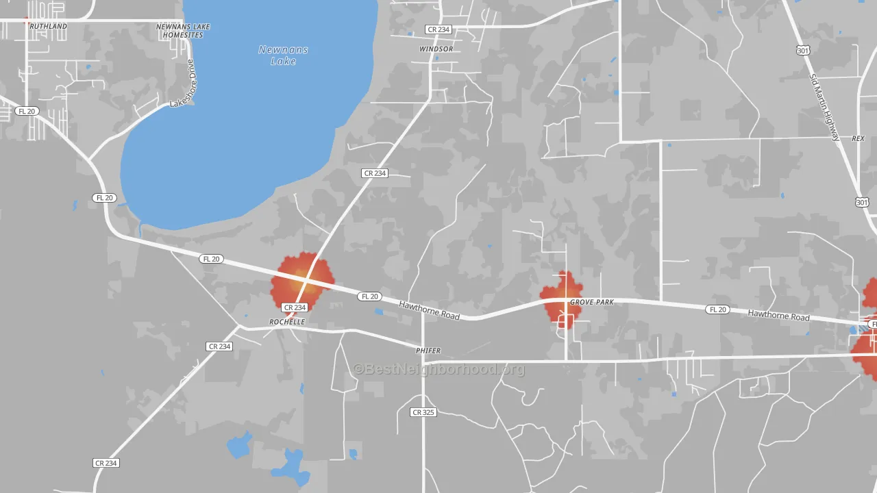 Walk Grade map of Grove Park, FL, walkable areas in green and car-dependent areas in red