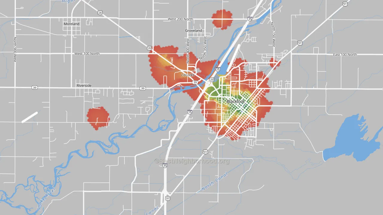 Walk Grade map of Groveland, ID, walkable areas in green and car-dependent areas in red