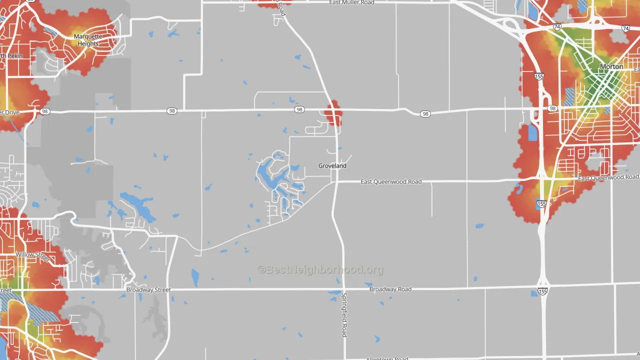 Walk Grade map of Groveland, IL, walkable areas in green and car-dependent areas in red