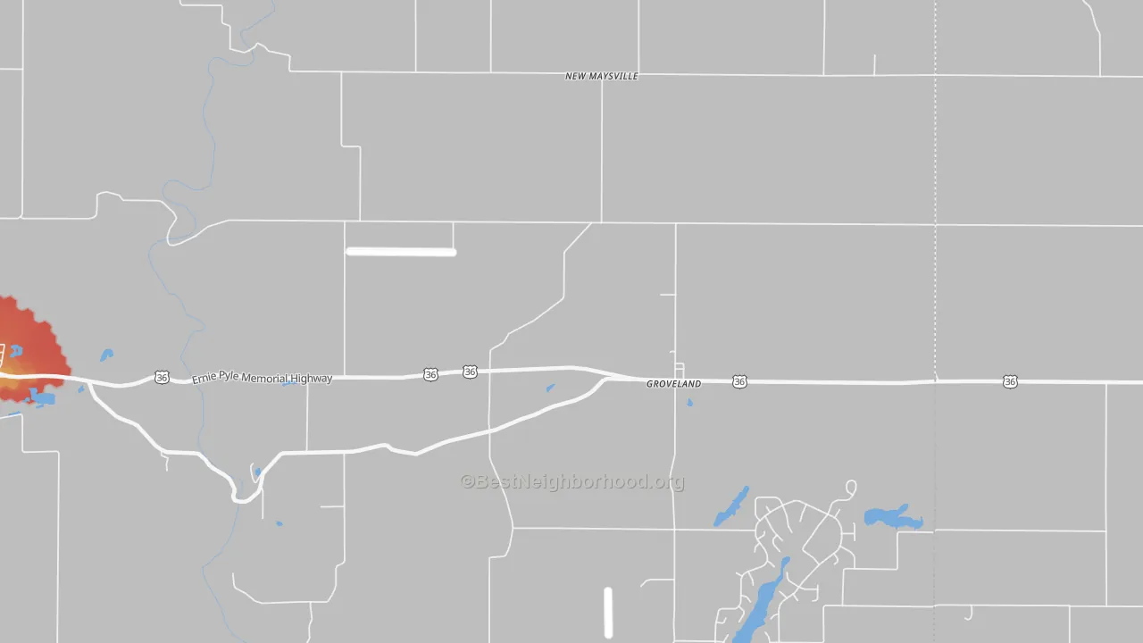 Walk Grade map of Groveland, IN, walkable areas in green and car-dependent areas in red