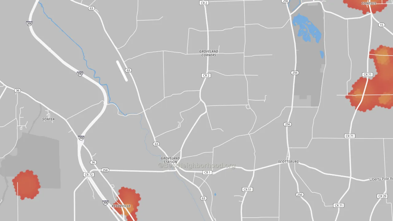 Walk Grade map of Groveland, NY, walkable areas in green and car-dependent areas in red