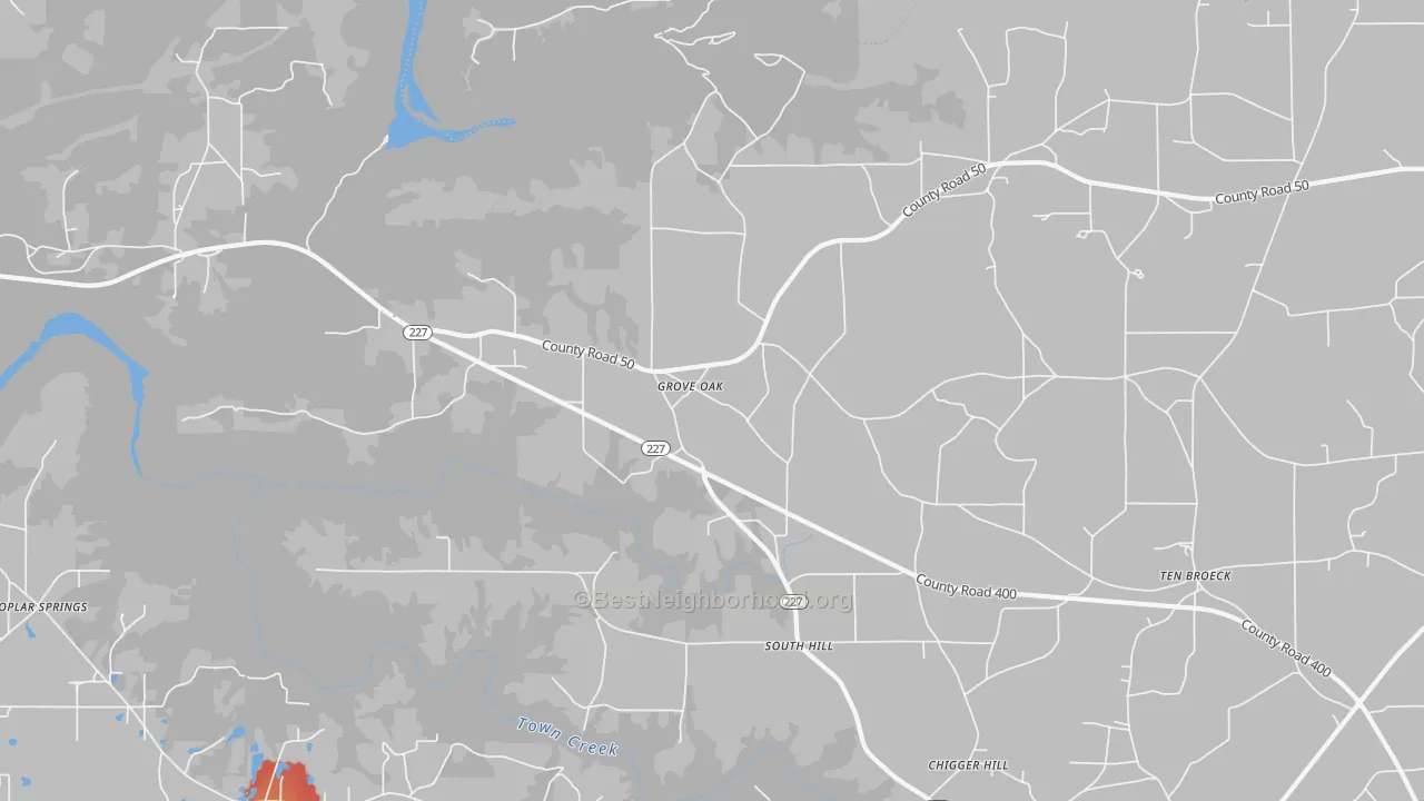 Walk Grade map of Groveoak, AL, walkable areas in green and car-dependent areas in red