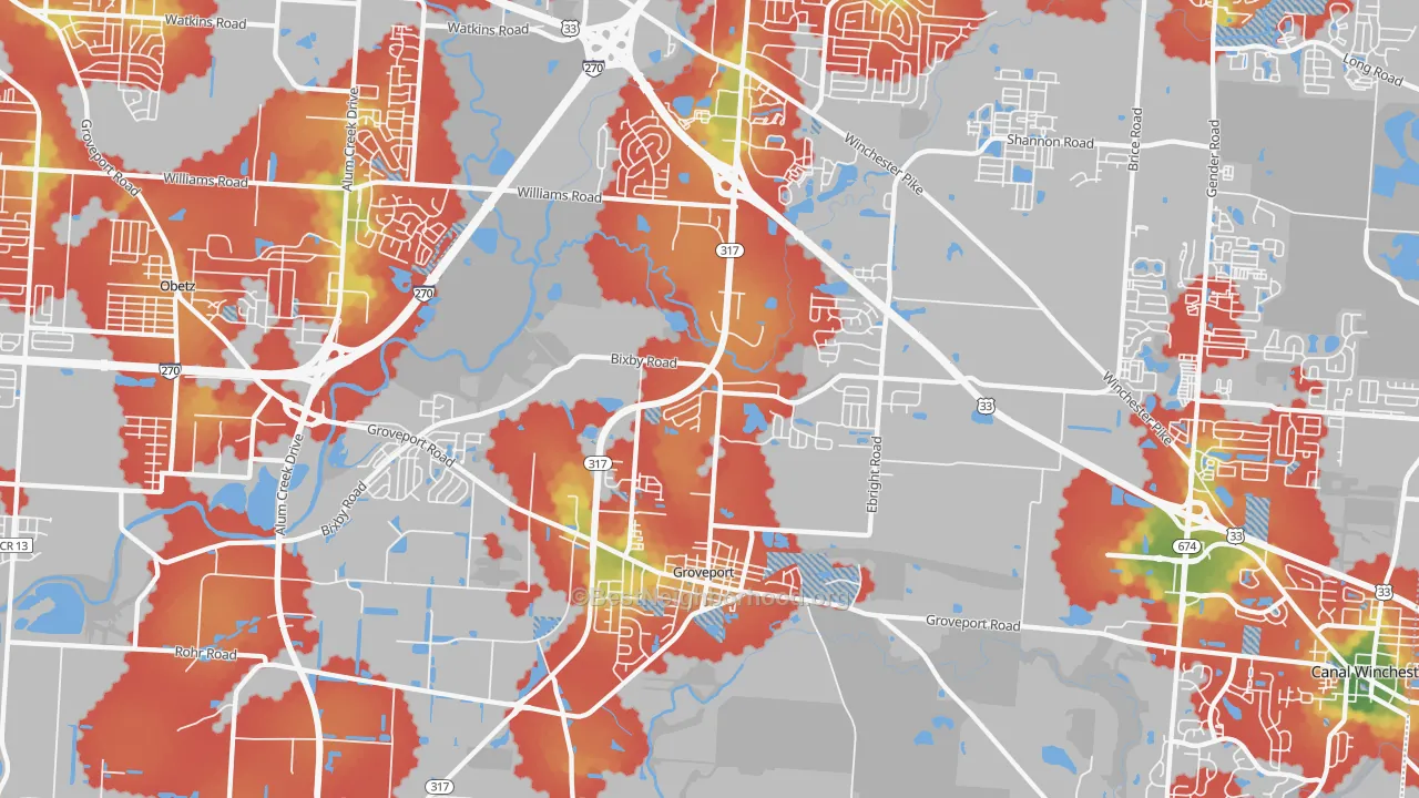 Walk Grade map of Groveport, OH, walkable areas in green and car-dependent areas in red