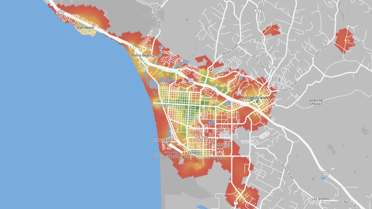 Walk Grade map of Grover Beach, CA, walkable areas in green and car-dependent areas in red