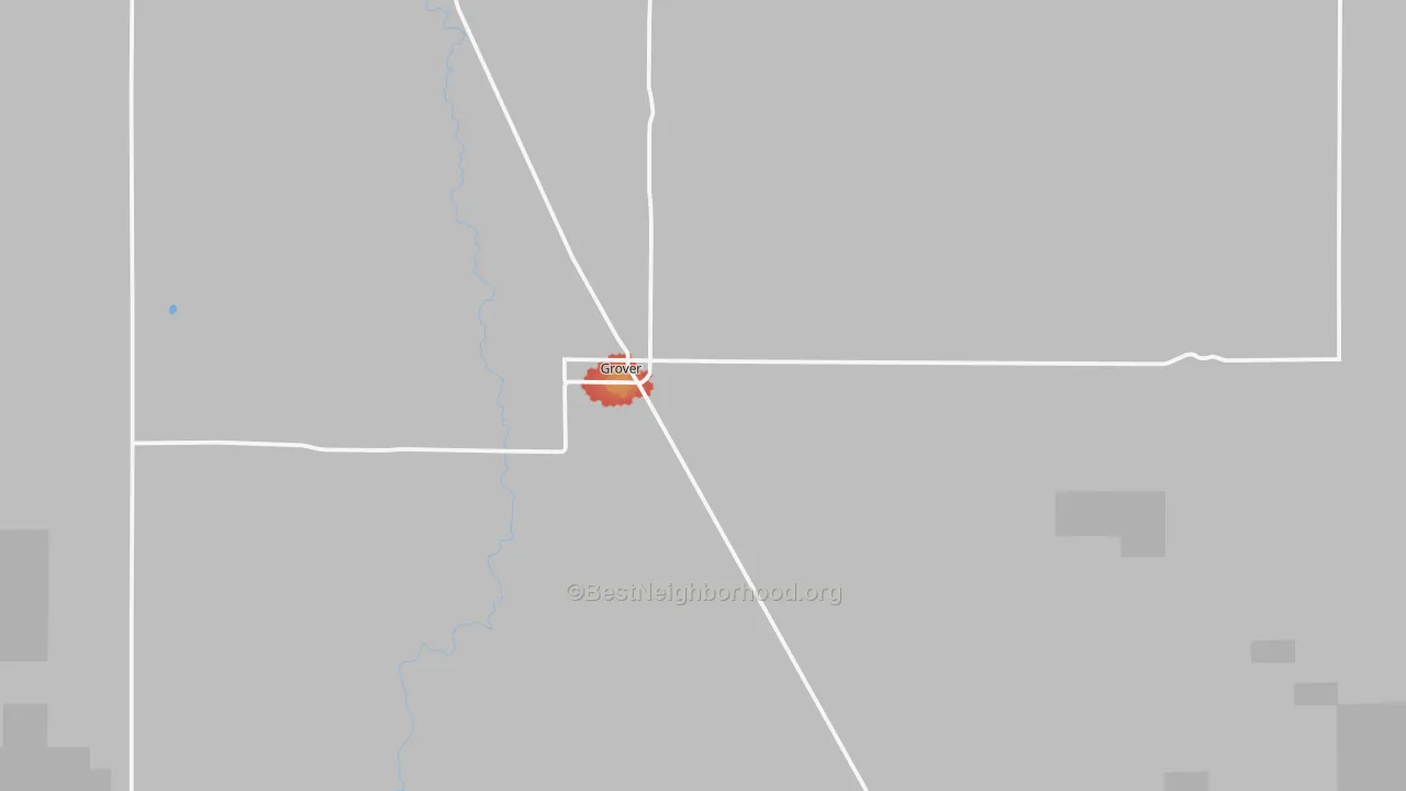 Walk Grade map of Grover, CO, walkable areas in green and car-dependent areas in red