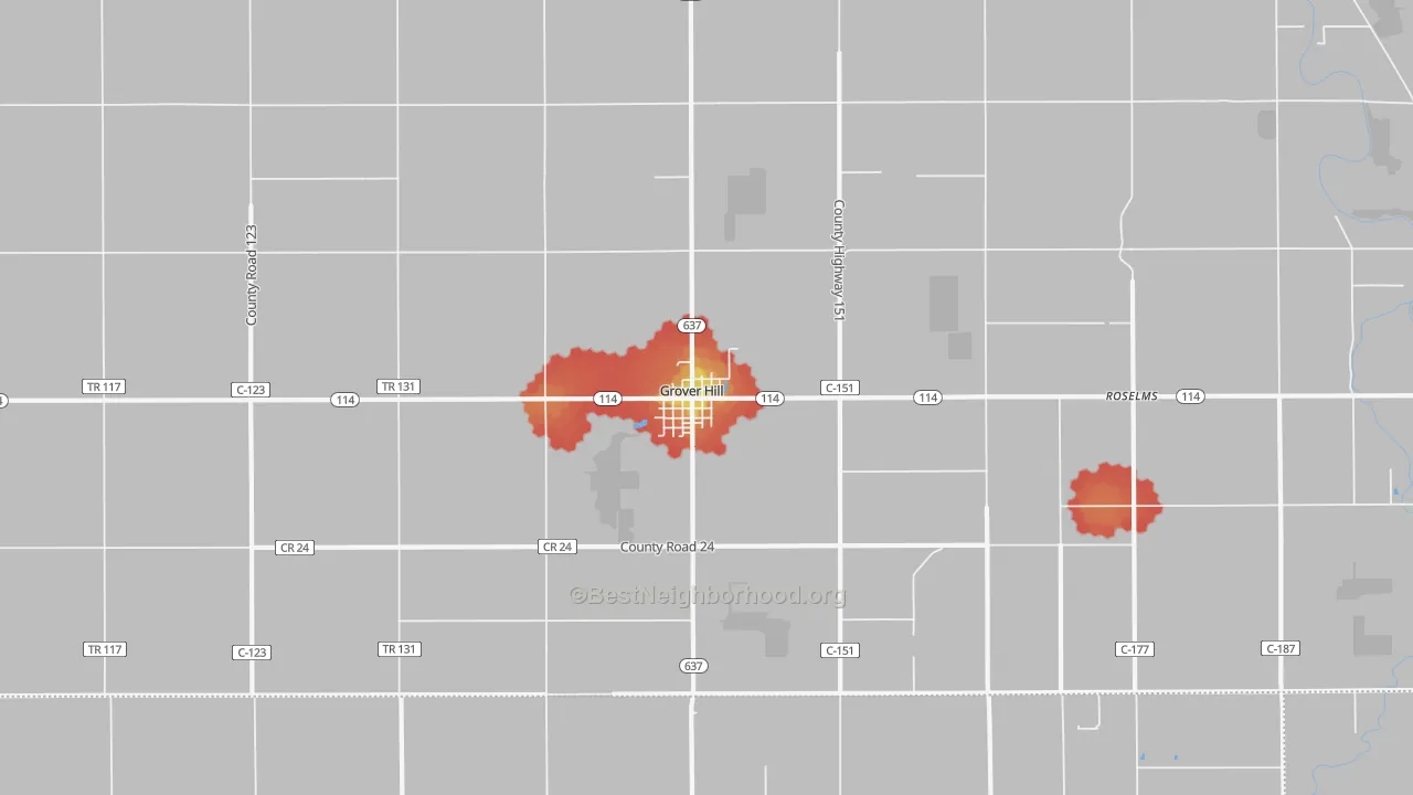 Walk Grade map of Grover Hill, OH, walkable areas in green and car-dependent areas in red