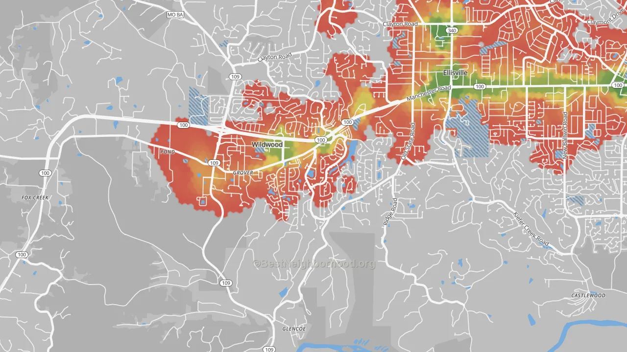 Walk Grade map of Grover, MO, walkable areas in green and car-dependent areas in red