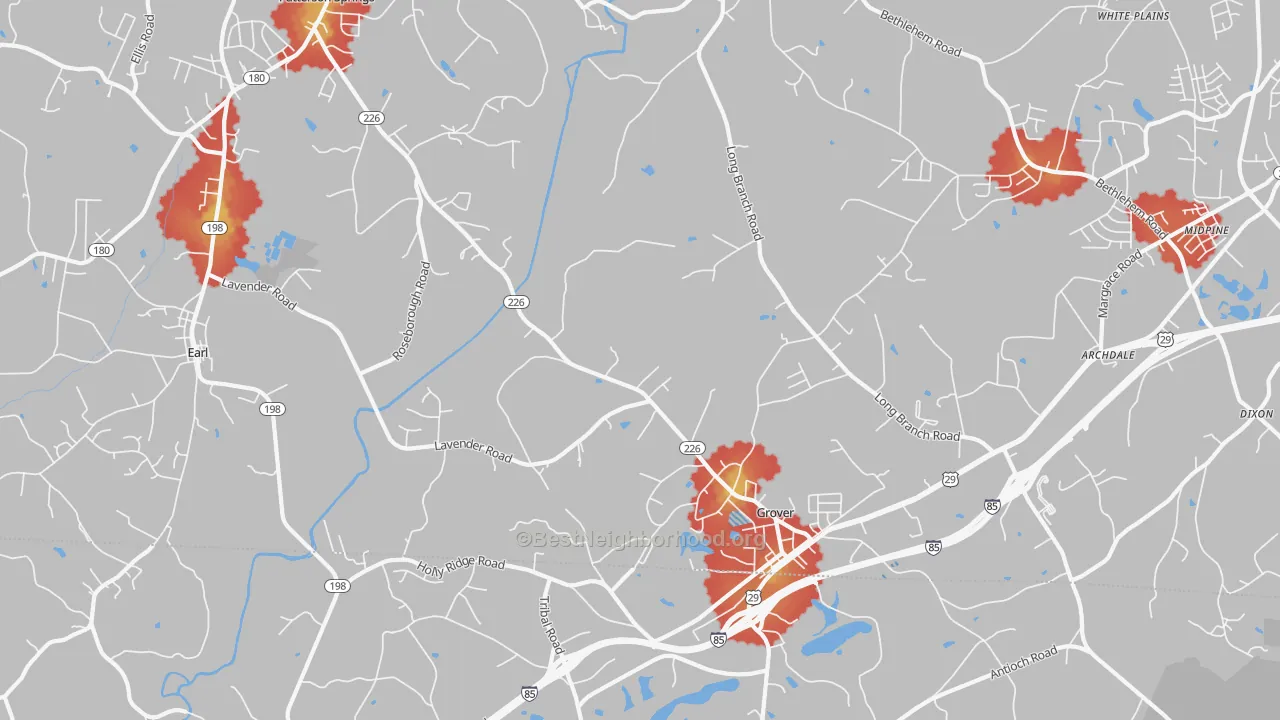 Walk Grade map of Grover, NC, walkable areas in green and car-dependent areas in red