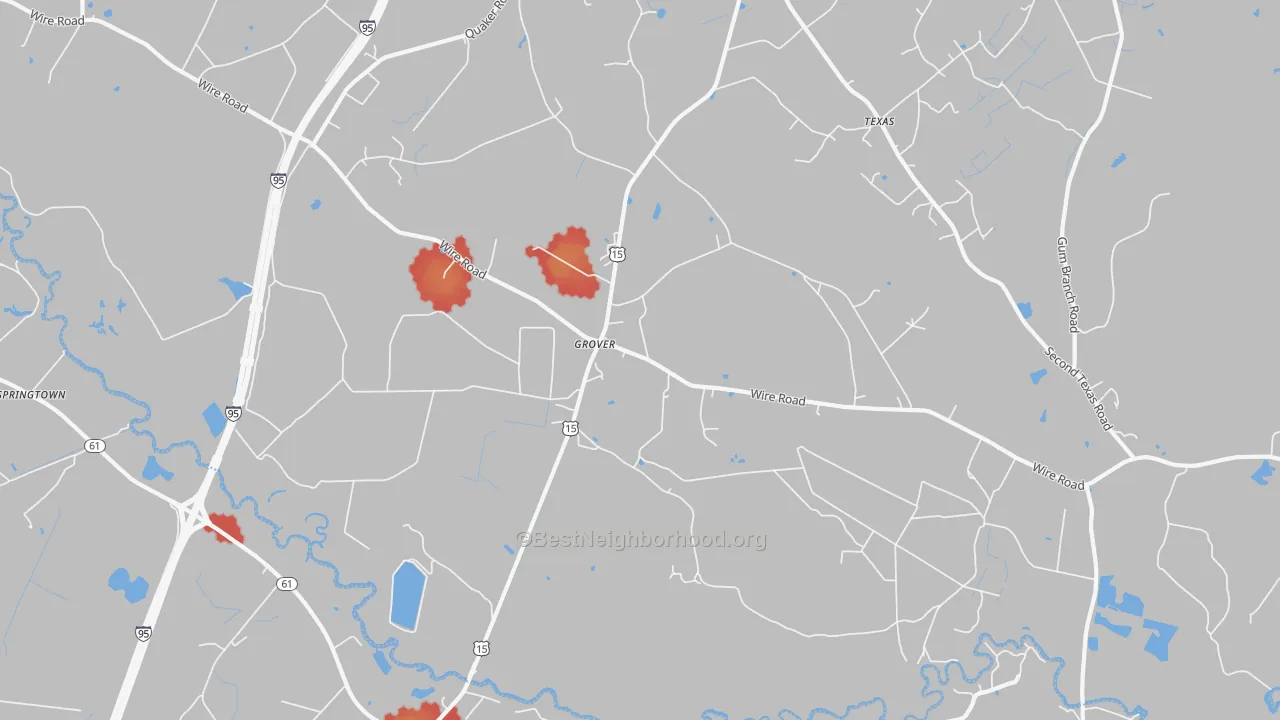 Walk Grade map of Grover, SC, walkable areas in green and car-dependent areas in red