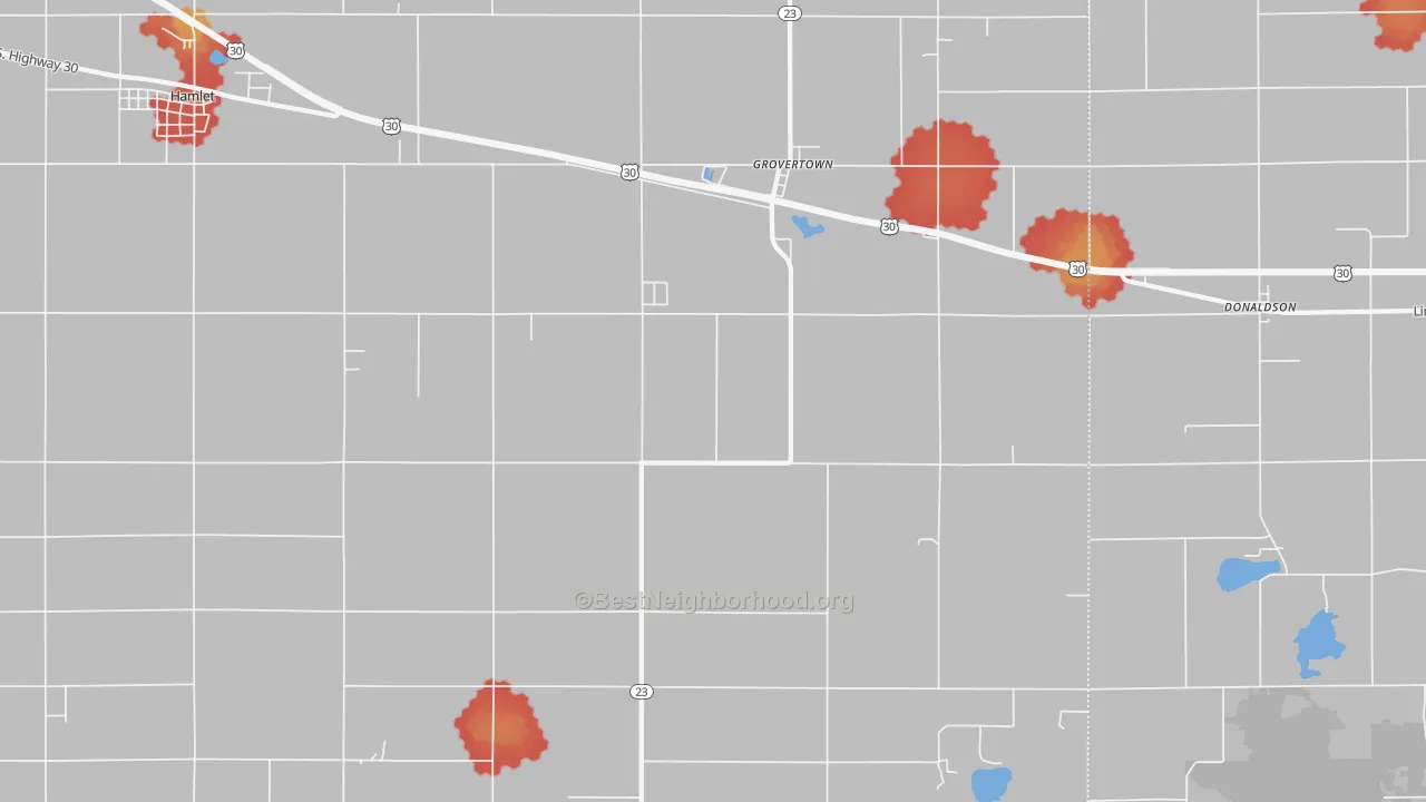 Walk Grade map of Grovertown, IN, walkable areas in green and car-dependent areas in red