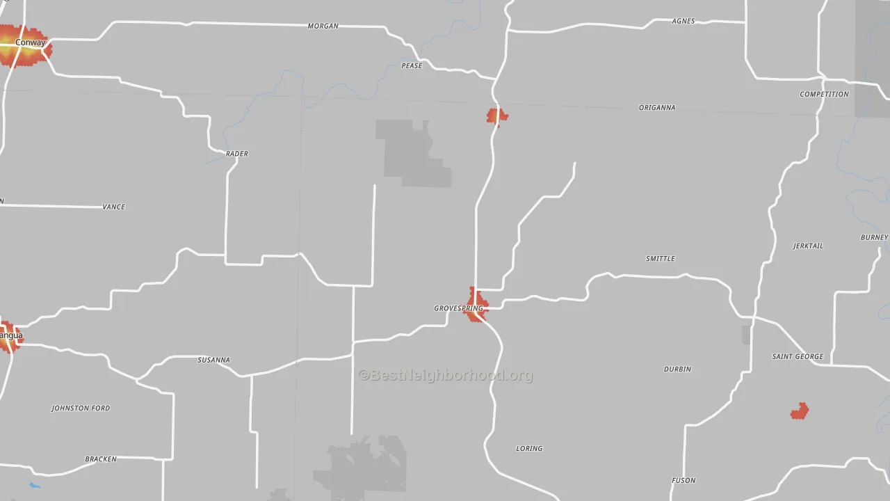 Walk Grade map of Grovespring, MO, walkable areas in green and car-dependent areas in red