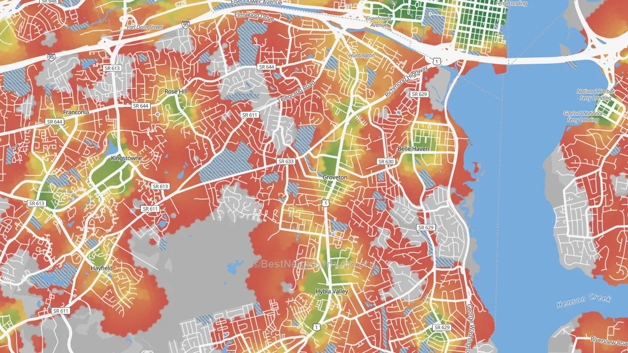 Walk Grade map of Groveton, Alexandria, VA, walkable areas in green and car-dependent areas in red