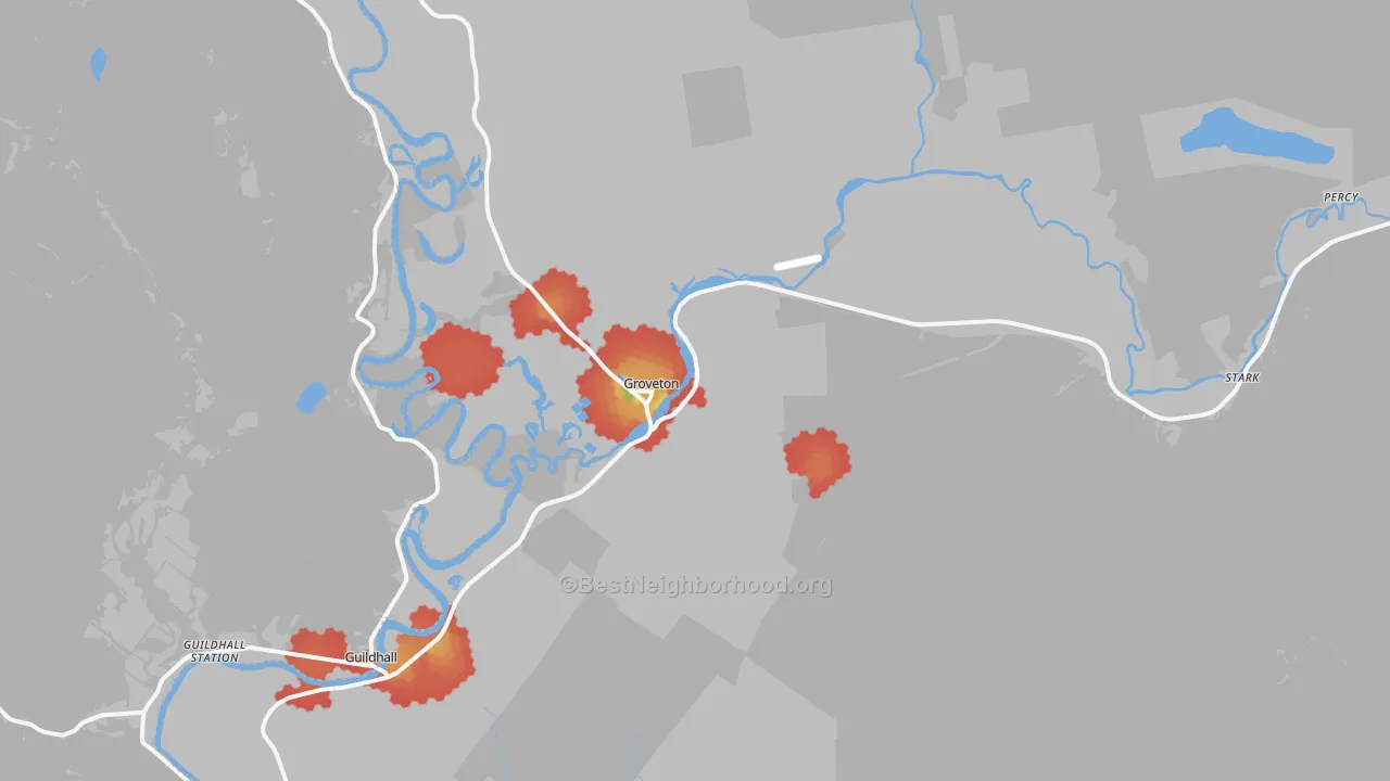 Walk Grade map of Groveton, NH, walkable areas in green and car-dependent areas in red