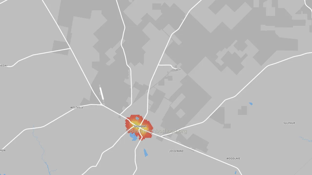 Walk Grade map of Groveton, TX, walkable areas in green and car-dependent areas in red
