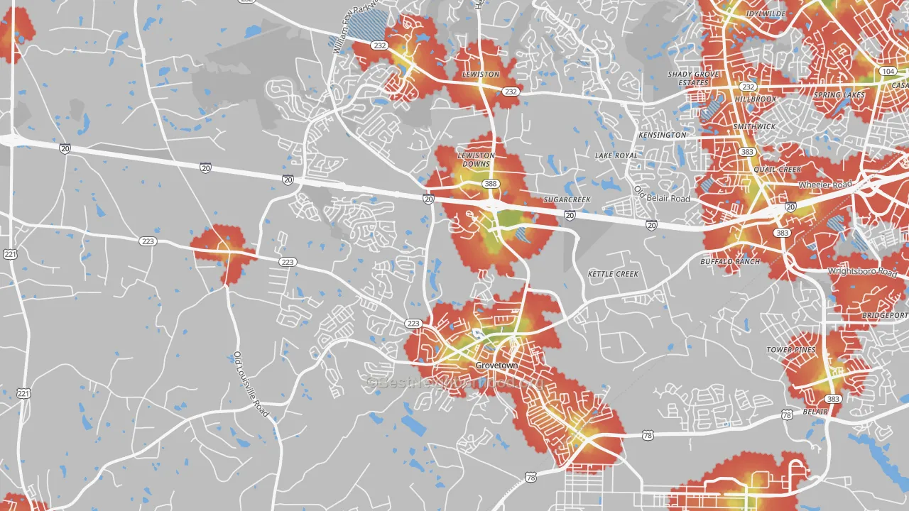 Walk Grade map of Grovetown, GA, walkable areas in green and car-dependent areas in red
