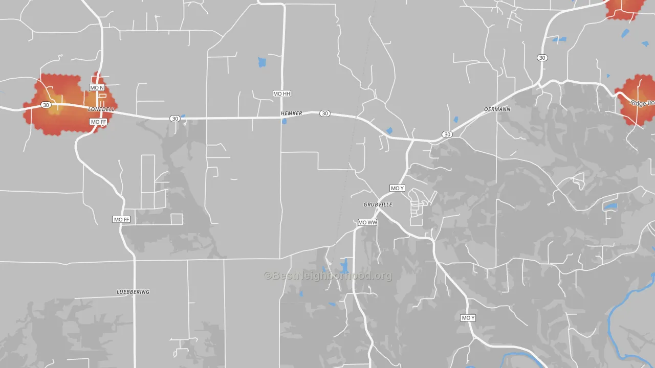 Walk Grade map of Grubville, MO, walkable areas in green and car-dependent areas in red
