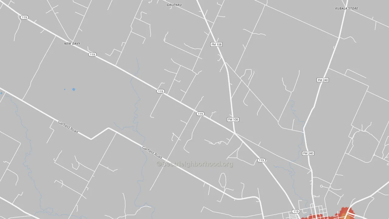 Walk Grade map of Gruenau, TX, walkable areas in green and car-dependent areas in red