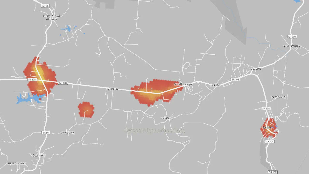 Walk Grade map of Gruetli-Laager, TN, walkable areas in green and car-dependent areas in red