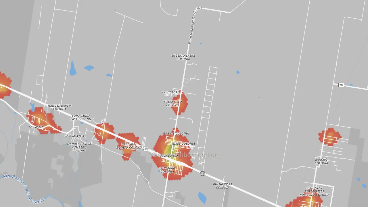 Walk Grade map of Grulla, TX, walkable areas in green and car-dependent areas in red