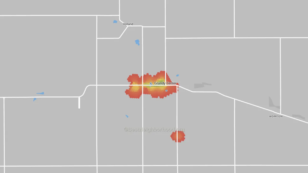 Walk Grade map of Grundy Center, IA, walkable areas in green and car-dependent areas in red
