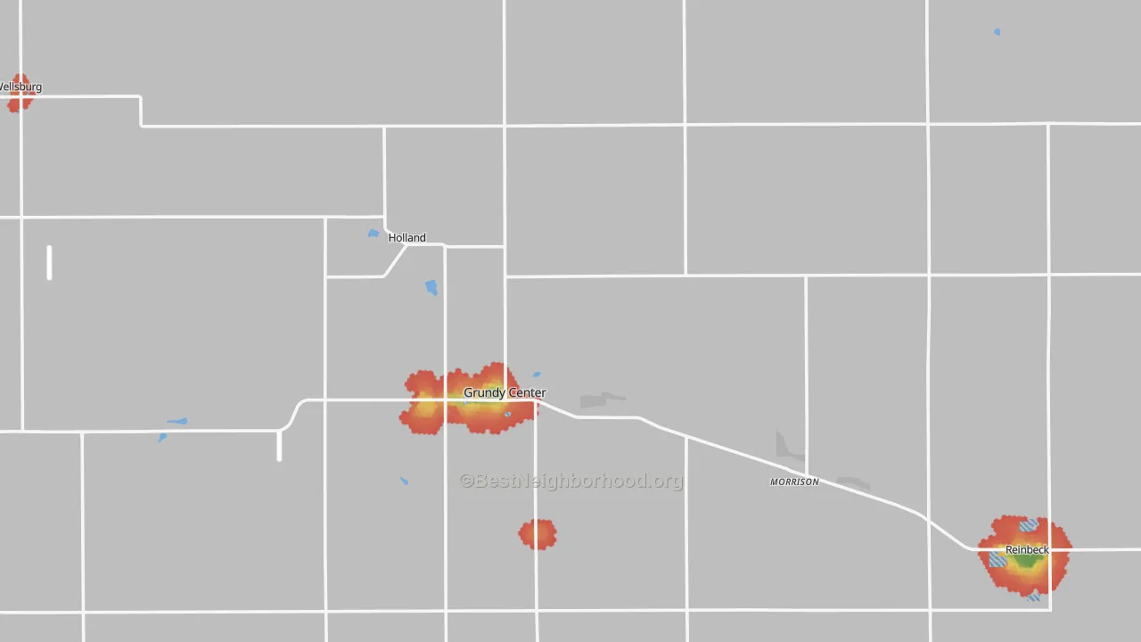 Walk Grade map of Grundy County, IA, walkable areas in green and car-dependent areas in red