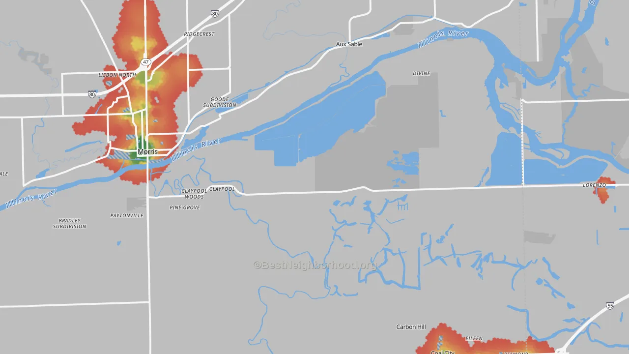Walk Grade map of Grundy County, IL, walkable areas in green and car-dependent areas in red