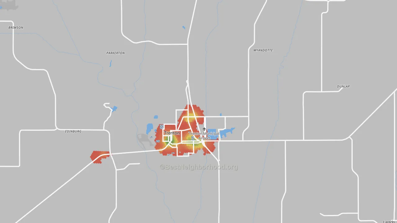 Walk Grade map of Grundy County, MO, walkable areas in green and car-dependent areas in red