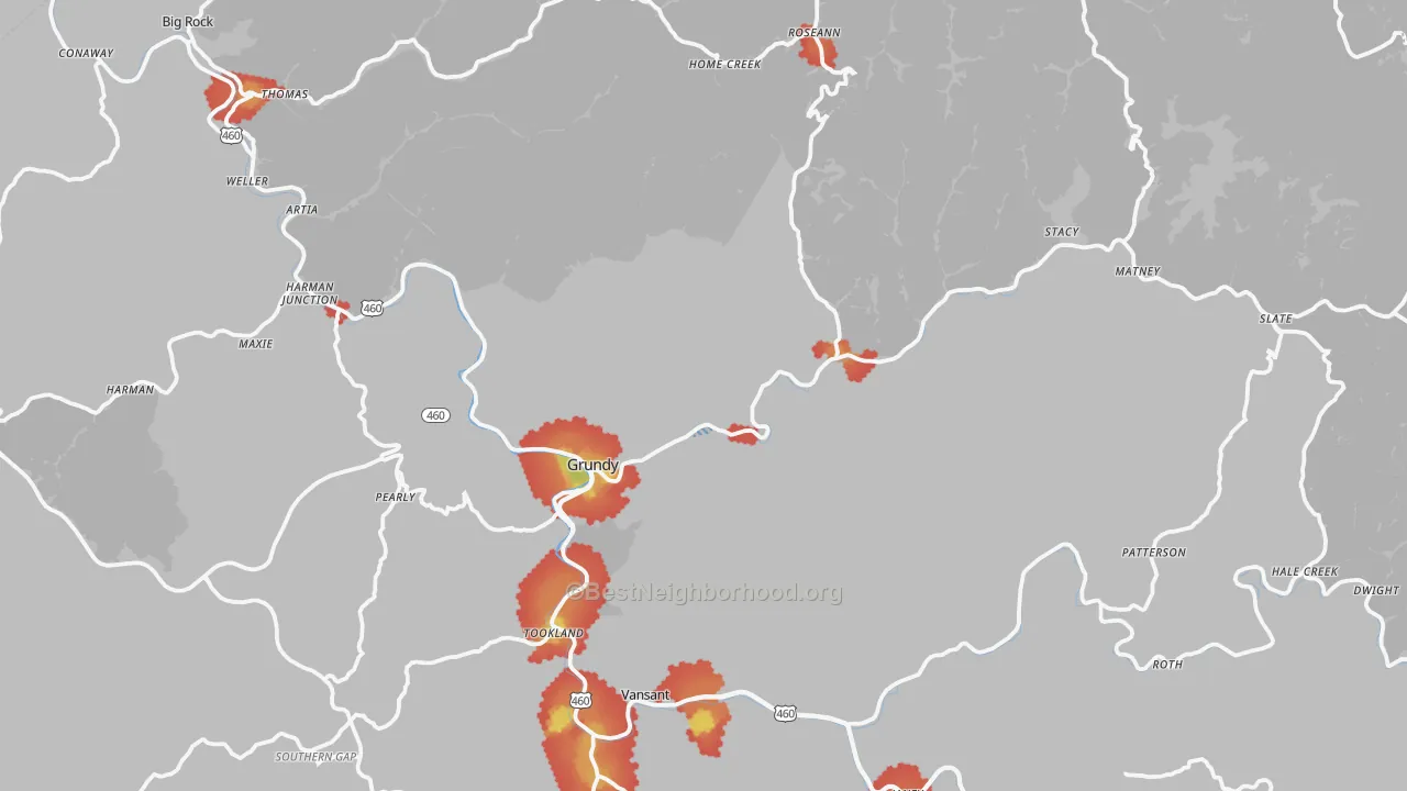 Walk Grade map of Grundy, VA, walkable areas in green and car-dependent areas in red