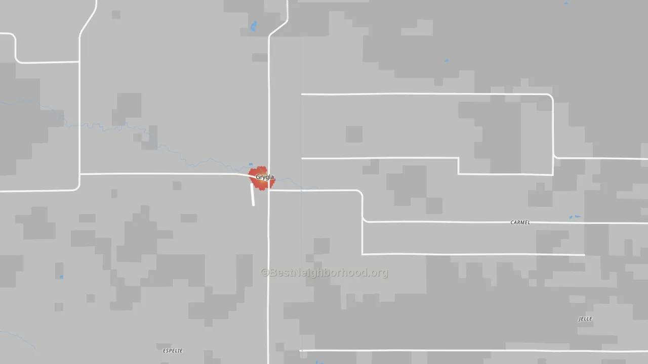 Walk Grade map of Grygla, MN, walkable areas in green and car-dependent areas in red