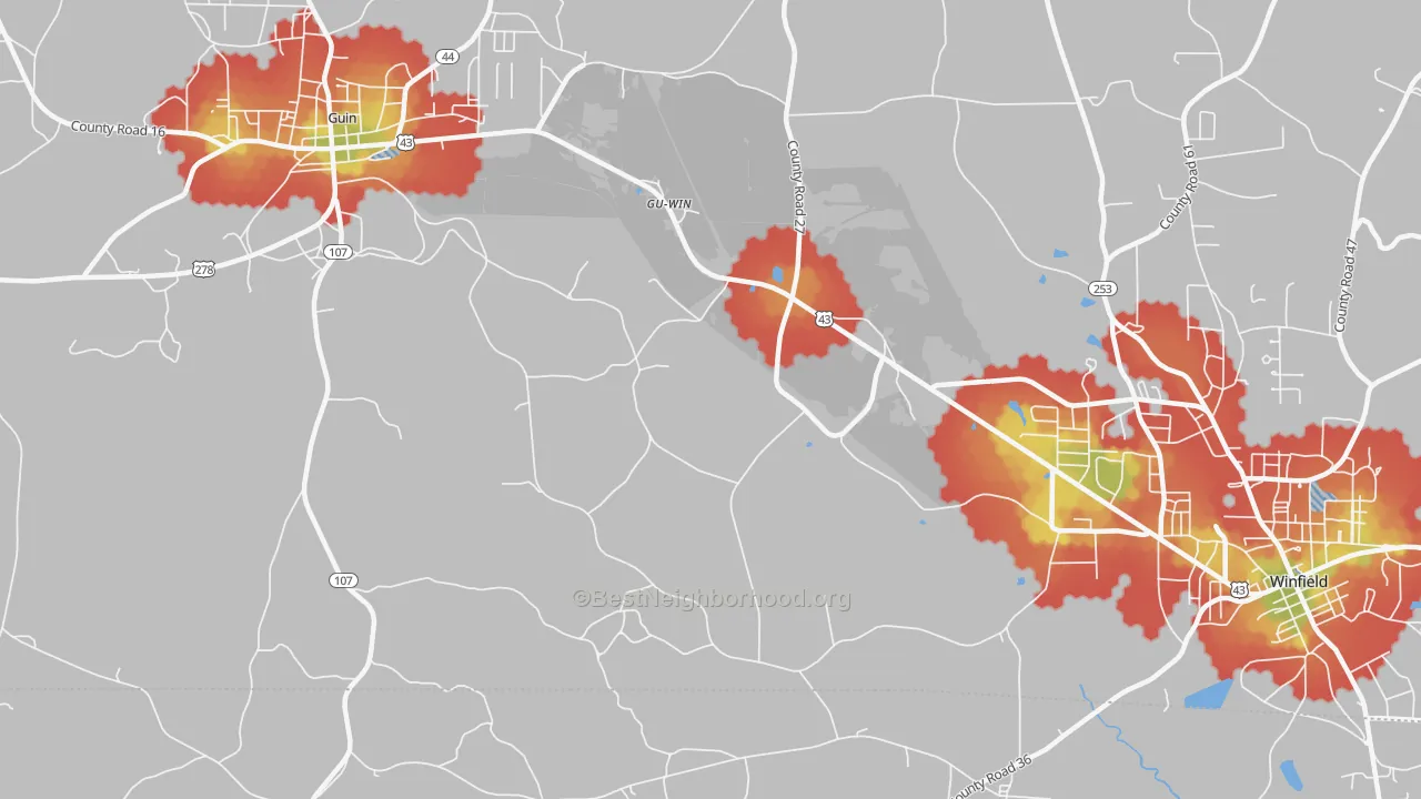 Walk Grade map of Gu-Win, AL, walkable areas in green and car-dependent areas in red