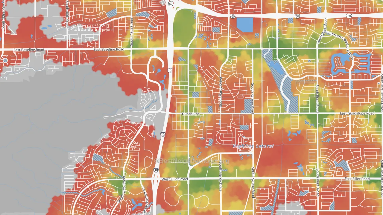 Walk Grade map of Guadalupe, AZ, walkable areas in green and car-dependent areas in red
