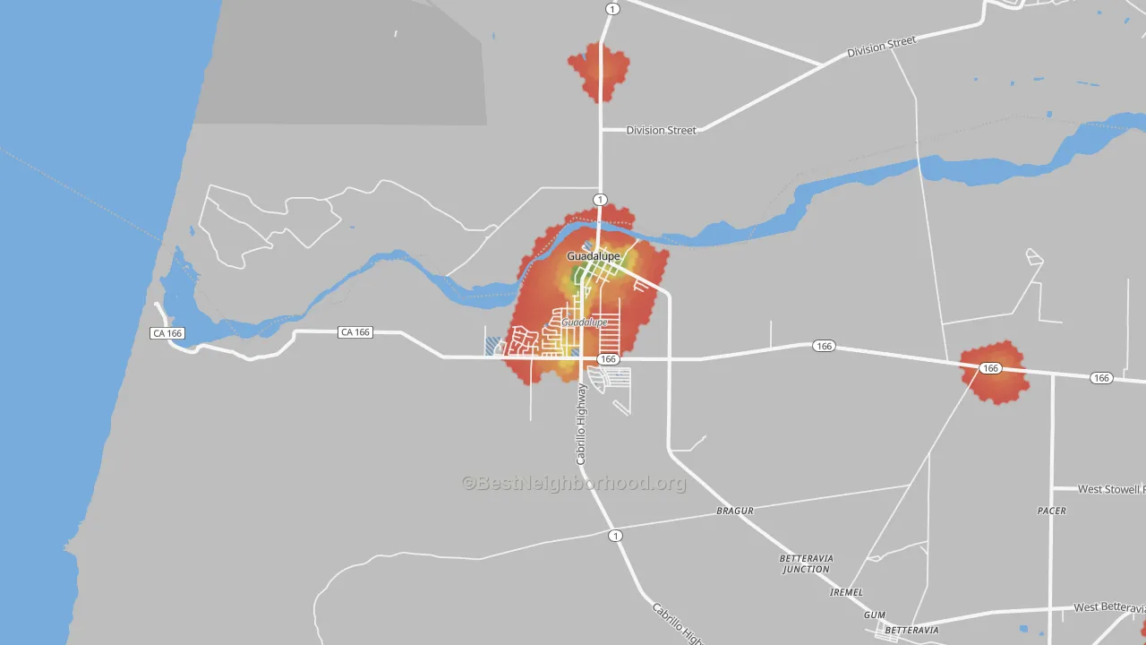 Walk Grade map of Guadalupe, CA, walkable areas in green and car-dependent areas in red