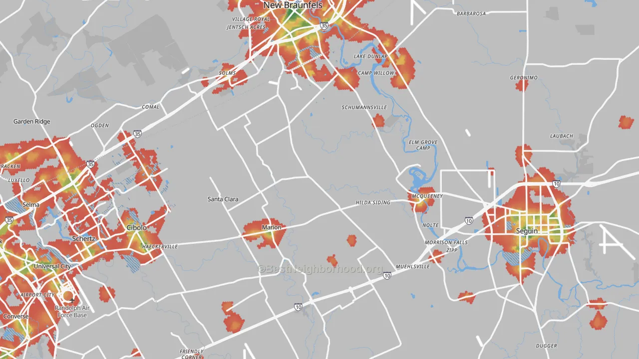 Walk Grade map of Guadalupe County, TX, walkable areas in green and car-dependent areas in red
