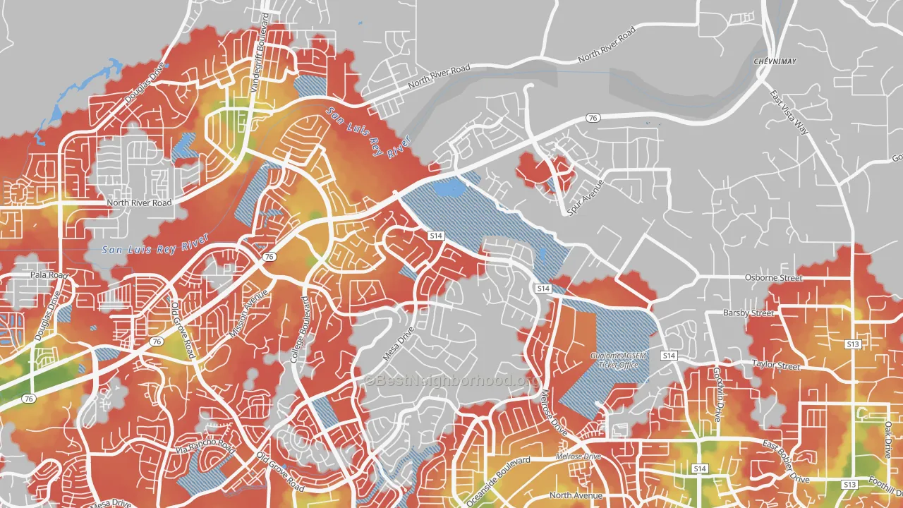 Walk Grade map of Guajome, Oceanside, CA, walkable areas in green and car-dependent areas in red