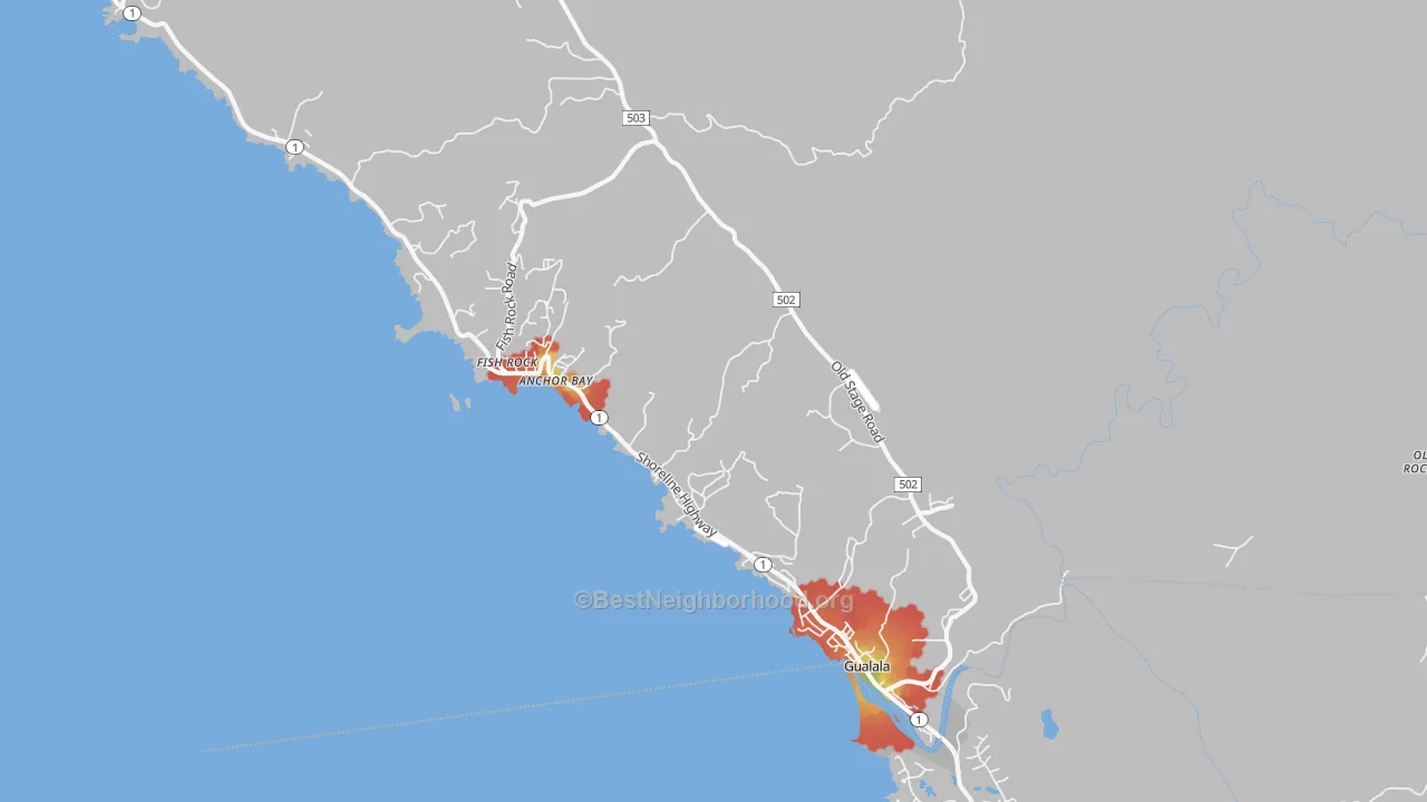 Walk Grade map of Gualala, CA, walkable areas in green and car-dependent areas in red