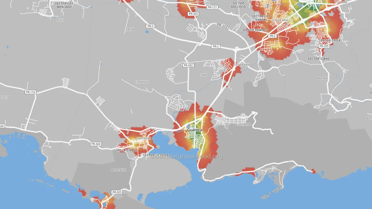Walk Grade map of Guanica Municipio, PR, walkable areas in green and car-dependent areas in red