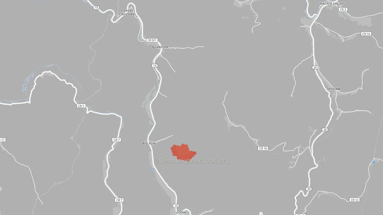 Walk Grade map of Guardian, WV, walkable areas in green and car-dependent areas in red