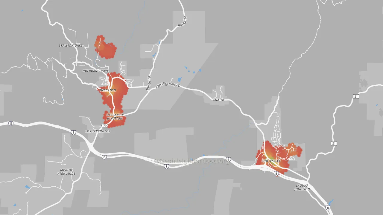 Walk Grade map of Guatay, CA, walkable areas in green and car-dependent areas in red
