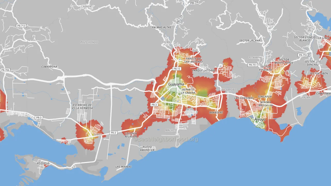 Walk Grade map of Guayama Municipio, PR, walkable areas in green and car-dependent areas in red
