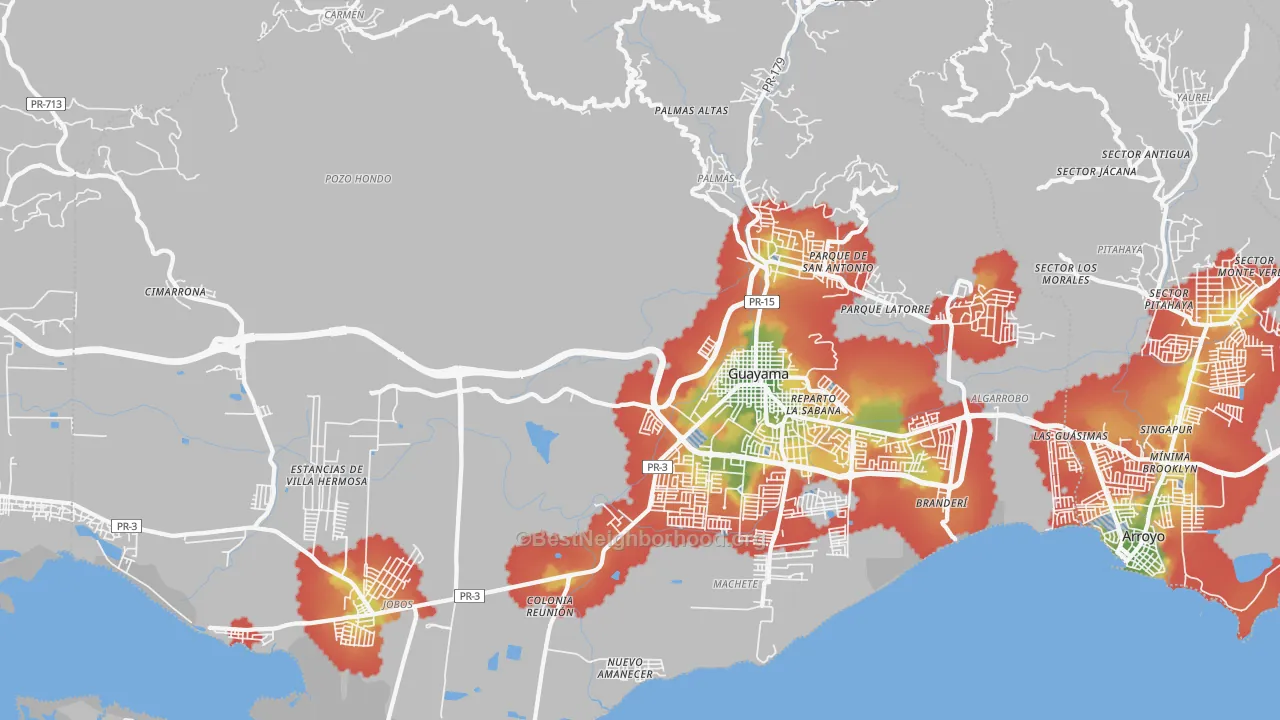Walk Grade map of Guayama, PR, walkable areas in green and car-dependent areas in red