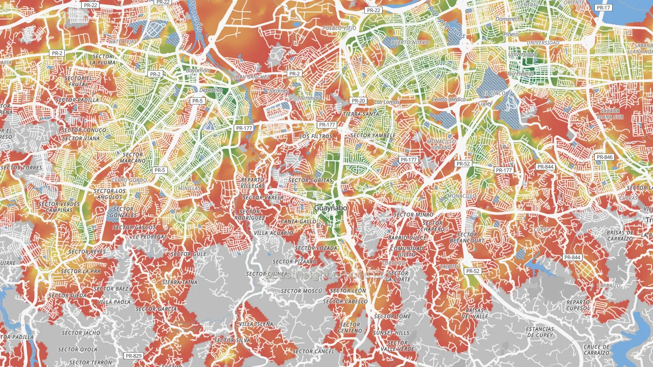 Walk Grade map of Guaynabo Municipio, PR, walkable areas in green and car-dependent areas in red