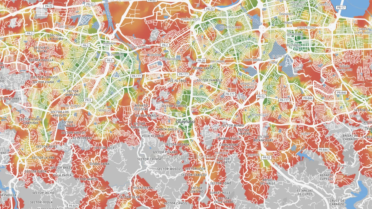 Walk Grade map of Guaynabo, PR, walkable areas in green and car-dependent areas in red