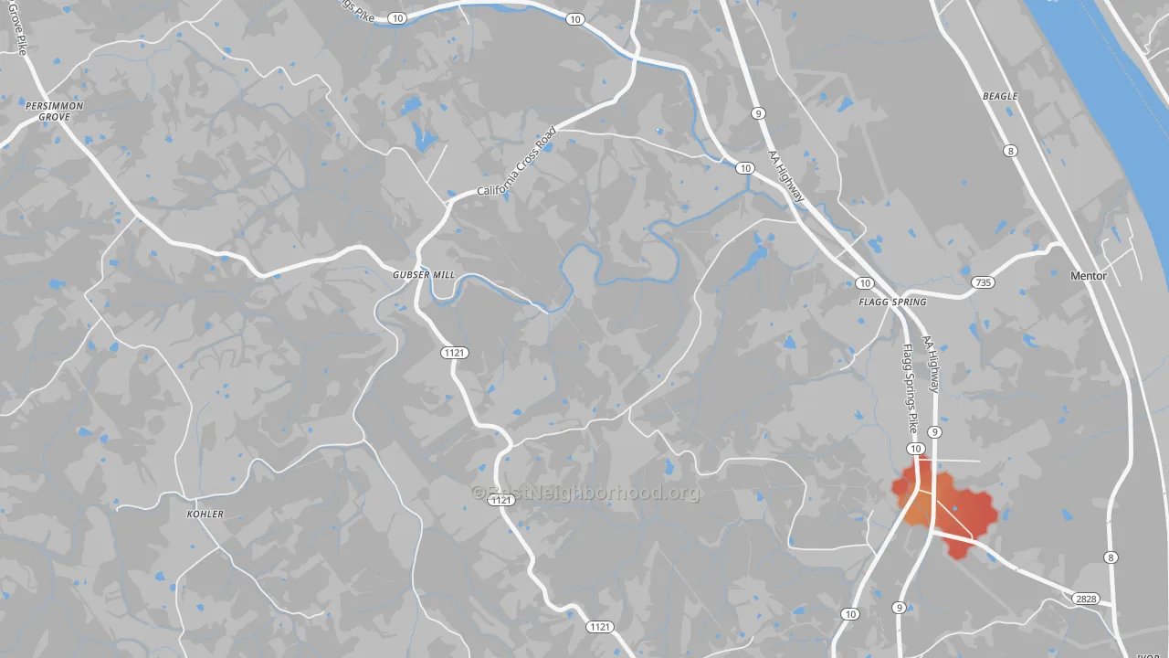 Walk Grade map of Gubser Mill, KY, walkable areas in green and car-dependent areas in red