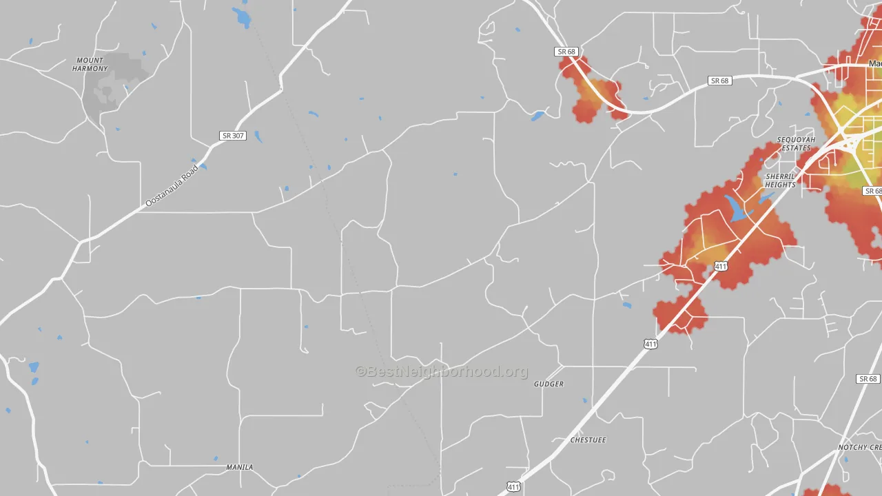 Walk Grade map of Gudger, TN, walkable areas in green and car-dependent areas in red