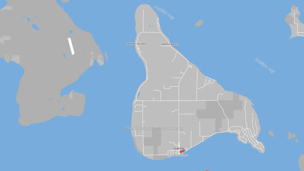 Walk Grade map of Guemes, WA, walkable areas in green and car-dependent areas in red