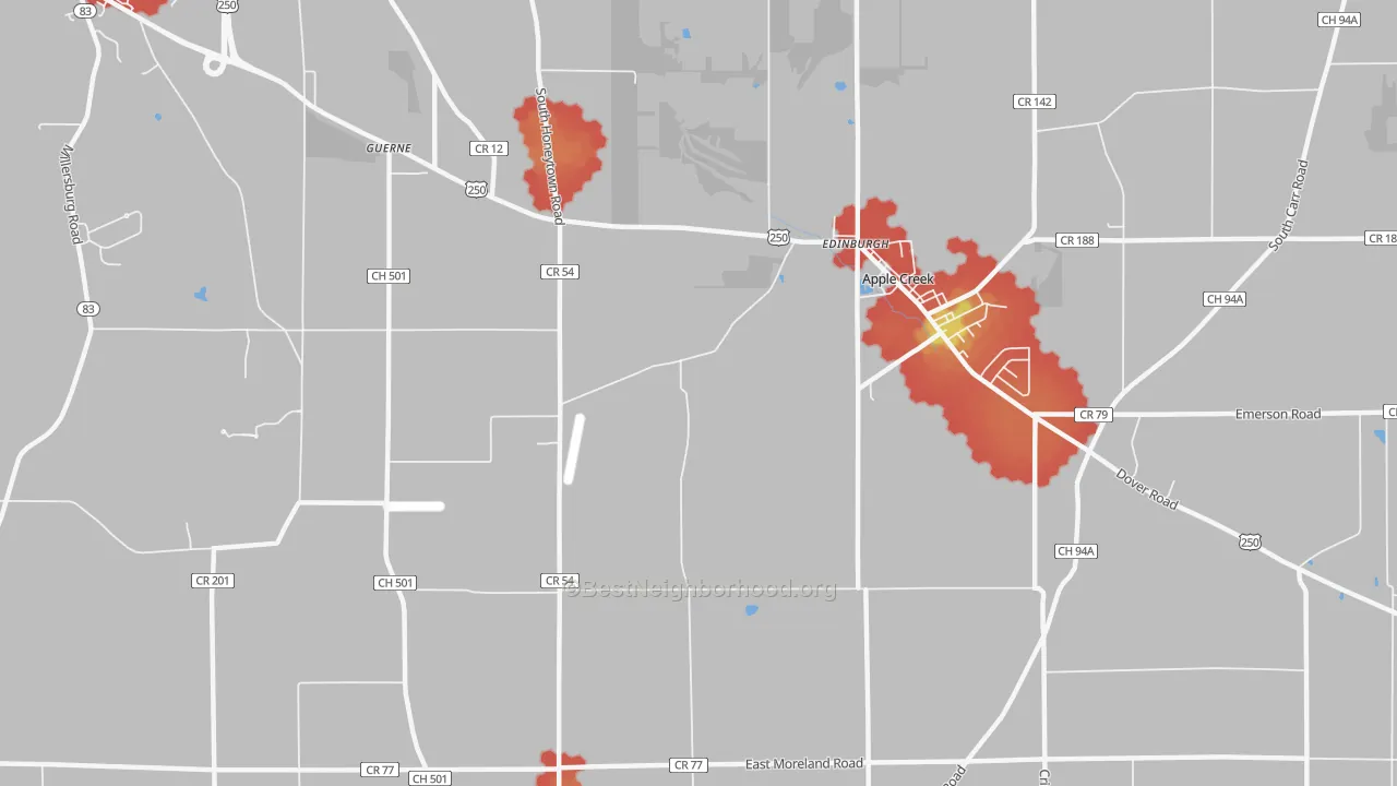 Walk Grade map of Guerne, OH, walkable areas in green and car-dependent areas in red